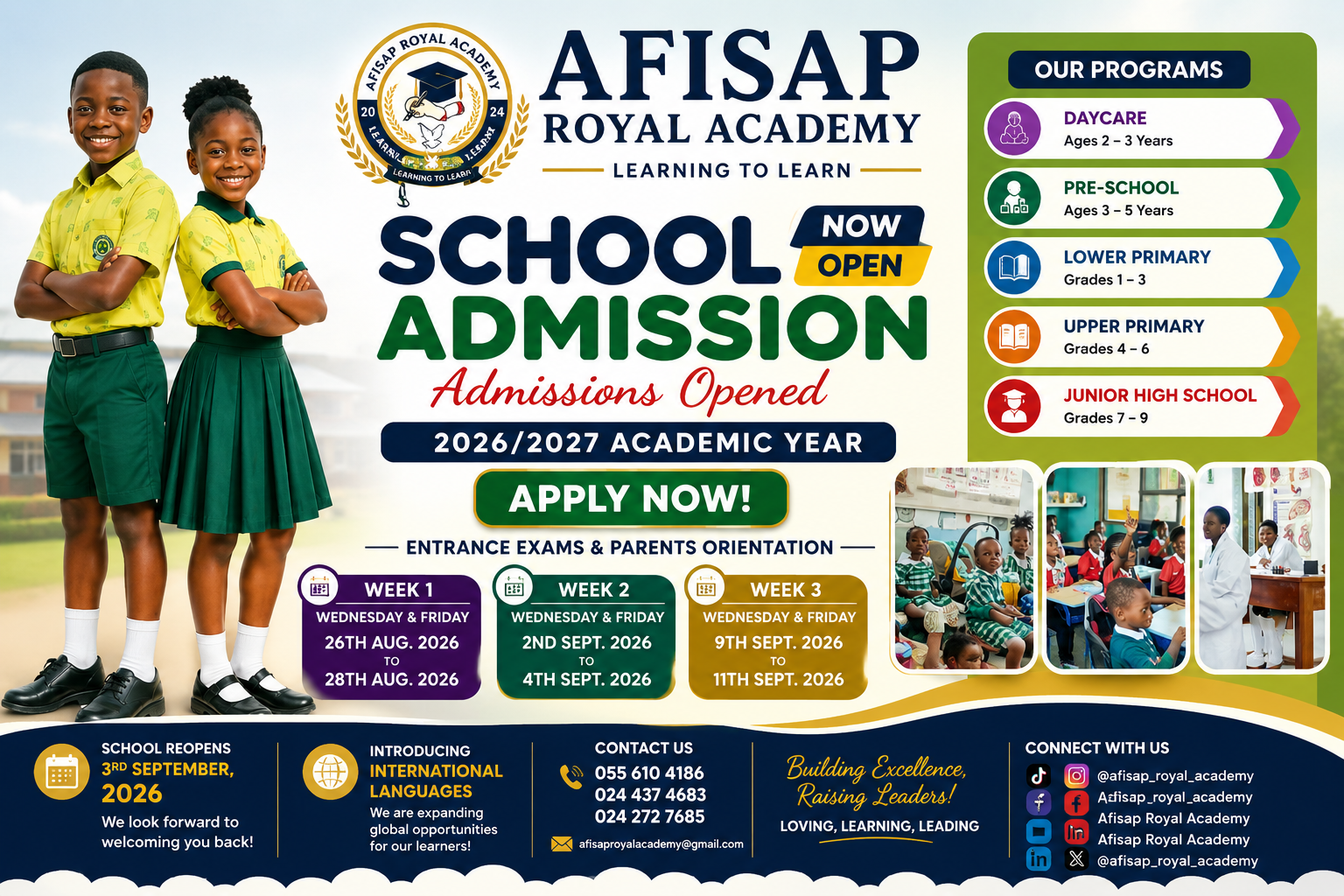 Afisap Royal Academy 2026/2027 school admissions poster
